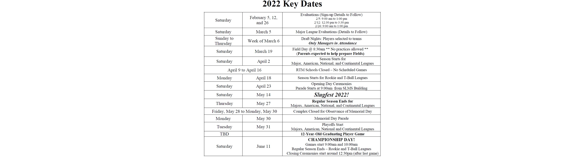 2022 Season Key Dates